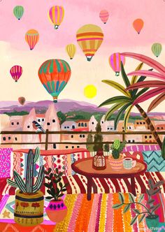 an oil painting of hot air balloons flying over a city with colorful furniture and potted plants