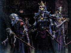 three men dressed in medieval clothing and holding swords, standing next to each other with skulls on their backs