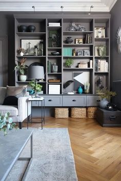 a living room filled with furniture and lots of shelves