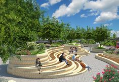 an artist's rendering of people sitting on steps in a park with flowers and trees