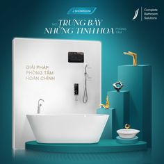 an advertisement for a bathroom with a bathtub and shower