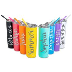 six different colored tumblers with straws in them and the words summer on them