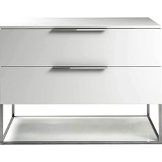 a white dresser with two drawers and chrome handles on it's sides, against a white background