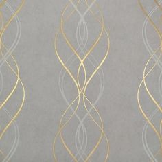 the wallpaper is grey and gold with silver swirls on it's sides