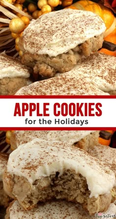 apple cookies with white frosting and apples in the background text reads, apple cookies for the holidays