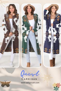 Introducing our cosy long-line Quest Cardigans. The epitome of comfort and style. With its statement Aztec-inspired print, this cardigan is a true head-turner. The open front style allows for easy layering, while the hood adds an extra touch of warmth and coziness. Whether you're lounging at home or stepping out for a casual outing, this cardigan is the perfect addition to your wardrobe.

MODEL WEARS: Size S-M and a Size 8 and 169cm tall
KEY FEATURES: Open front, True to Size Fit, Long Sleeves, Mid Calf Length,  Hooded and an Aztec Print Detail. 
MATERIAL: 65% Acrylic and 35% Wool
CARE INSTRUCTIONS: This item is a cold hand wash only, hung to air dry and steamed to iron out the creases as needed. Vintage Hoodie, Vintage Hoodies, Sweater Coat, Aztec Print, Boho Chic Fashion, Sweater Coats