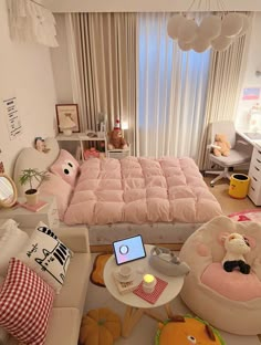 a bed room with a neatly made bed and lots of stuffed animals on the floor