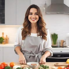 a woman standing in front of a cutting board with vegetables on it