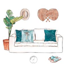 a watercolor drawing of a couch with two hats on it and slippers next to it