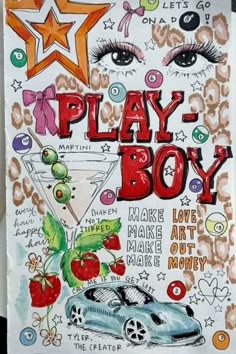 a poster with the words play - boy on it and an image of a car