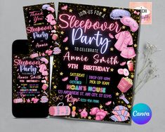 this is an image of a sleepover party with pink and purple items on it