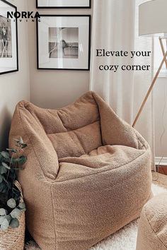 a bean bag chair sitting on top of a white rug