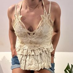 Size: Medium (I’m A Small And Fits Snug At The Waist) Color: Beige New Without Tags Adjustable Straps Low Cut Flare Style Casual Beige Lace Top, V-neck, Beige Casual V-neck Lace Top, Casual Beige Lace Top V-neck, Casual Beige V-neck Lace Top, Lace Tops With Ruffles For Vacation, Chic Beige Lace Top, Beige Lace Tops For Spring, V-neck Lace Tops For Summer, Lace V-neck Top For Summer