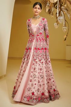 Varun Bahl | Light Pink Corsage Lehenga Gilet Set | INDIASPOPUP.COM Lehenga With Long Jacket, Lehenga With Jacket, Turkish Outfit, Tassels Designs, Varun Bahl, Jacket Lehenga, Engagement Lehenga, Saree Tassels, Pink Embroidery