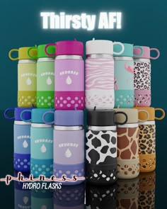 thermos are all different colors and designs