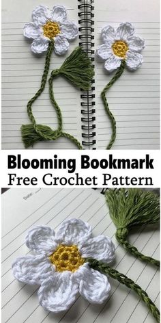 crochet bookmark with three flowers on it and the text, blooming bookmark free crochet pattern