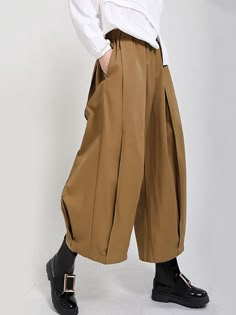 UOOZEE Khaki Ankle-length Harem Pants For Fall, Khaki Ankle-length Fall Harem Pants, Brown Baggy Harem Pants For Workwear, Yellow Wide-leg Pants For Work, Yellow Wide-leg Workwear Bottoms, Khaki Ankle-length Wide Leg Pants For Fall, Fall Khaki Wide Leg Ankle-length Pants, Yellow Ankle-length Pants With Pockets, Beige Harem Pants For Workwear In Spring