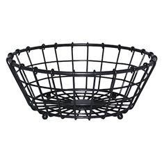 a black wire basket on a white background