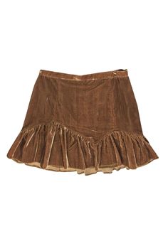 Add some flirtiness to your fall wardrobe with this golden brown velvet skirt by LoveShackFancy! Made with luxurious velvet in a rich golden brown hue, this skirt features playful ruffles at the bottom. Style it with tights, a mock neck top and boot heels for a fun and flirty look. Size 8 100% Polyester Fully lined Invisible side zipper Ruffle bottom detail Waist 32" Hips 38" Length 15.5" Brown Velvet Skirt, Brown Tights, Boot Heels, Puffy Skirt, Brown Skirts, Brown Velvet, Ribbed Knit Dress, Velvet Skirt, Buy Shoes Online