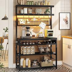 a coffee bar with lots of items on it in a kitchen next to a dining room table