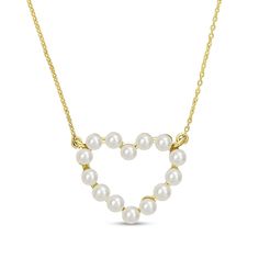 Bring romantic detail to all your favorite looks when you wear this charming freshwater cultured pearl outline heart necklace in 14K gold. Crafted in 14K gold Lustrous freshwater cultured pearls line this classic open heart design. The style suspends centered along a cable chain that secures with a spring-ring clasp. 17.0-inch total length. Gold Elegant Heart Necklace With Pearl Chain, Pearl Heart Necklace For Anniversary, Dainty Heart Necklace With Pearl Chain For Valentine's Day, Yellow Gold Heart Necklace With Pearl Charm, Dainty Pearl Heart Necklace With Pendant, Yellow Gold Heart-shaped Necklace With Pearl Charm, Valentine's Day Pearl Necklace With Heart Pendant, Pearl Heart Charm Necklace For Anniversary, Pearl Heart Pendant Necklace For Anniversary