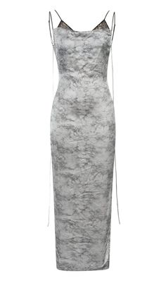 a grey dress with spaghetti straps