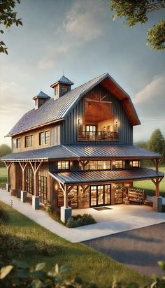 an artist's rendering of a barn style house with large windows and covered porchs