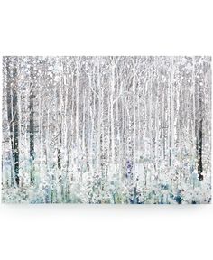 an abstract painting with white trees and blue sky in the background, on a wall