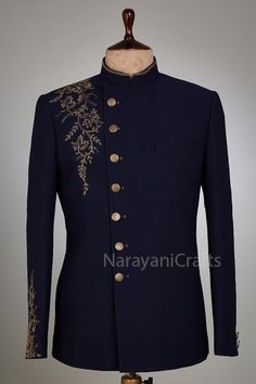 Buy Designer Handmade Embroidered Navy Blue Jodhpuri Bandgala Suit online on Etsy India. Shop for handmade, vintage and unique Mens Wedding Suits items from NarayaniCraftsStudio online on Etsy Bandgala Suits For Men, Reception Look For Men, Blezars For Men Wedding, Unique Suits For Men, Jodhpuri Suits For Men Latest, Jodhpuri Suits For Men Wedding Royal, Classy Suits Men, Suits Men Wedding