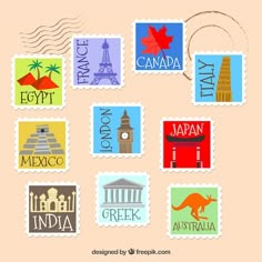 postage stamps with different countries on them