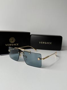 Brand new Versace VE2245 100280 Blue Lens Rectangular Aviator Sunglasses.Tinted blue lenses with medusas on front. Gold detailing. Measures 60-13-145. Adjustable nose pads. Unisex. Comes with Versace box, case, cloth, and cards. Medusa Sunglasses, Blue Lens, Men's Eyeglasses, Blue Lenses, Blue Square, Seychelles, Dolce & Gabbana, Aviator Sunglasses, Papua New Guinea