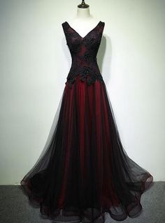 Gorgeous Black And Red V-Neckline Tulle Beaded Prom Dress, Long Evening Gown,PD22289 on Storenvy Solstice Wedding, Rp Outfits, Victorian Ball, Fantasy Clothes, Prom Inspo, Prom Dress Long, Dream Fashion, Chique Outfits, Color Rush