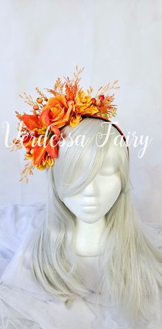 This orange flower crown headband fascinator is bursting in bright orange colour and would be a beautiful Autumn Fairy crown. This asymmetrical style flower crown would also be a great addition to Cinco de Mayo and Harmony Day celebrations as well. This headband is TWO SIDED, meaning it is able to be worn with either side as the front feature and looks glam from all angles. Enhance your outfit with a beautiful burst of colour! This one of a kind piece is READY TO SHIP for all of your fancy froli Adjustable Orange Headband For Party, Adjustable Orange Headband For Parties, Orange Headband For Wedding, Orange Summer Headband Fascinator, Orange Headband For Spring, Orange Spring Headband, Moana Wedding, Autumn Crown, Fall Crown