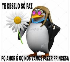 a cartoon penguin holding a daisy in its hand with the caption'te deseloo so paz '