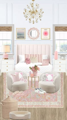 a bedroom with white furniture and pink accents on the walls, including a chandelier