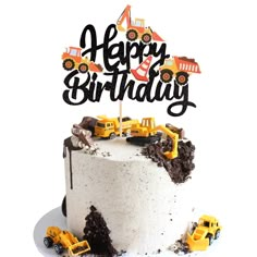 there is a birthday cake that has construction trucks on it and the words happy birthday