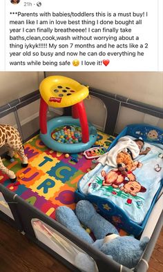 a baby crib with stuffed animals in it and an infant's play mat