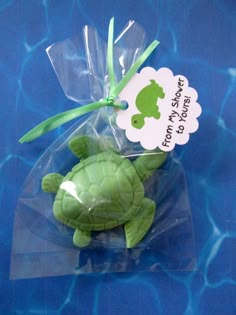 a small green turtle in a plastic bag with a tag on it's side