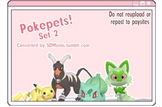 some pokemon characters are standing together in front of a pink background with the words pokepets set 2