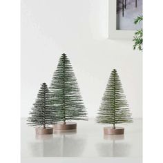 three small christmas trees sitting on top of a white table next to a framed photo