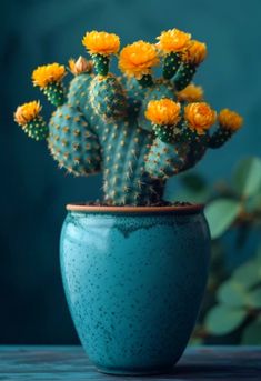 a cactus with yellow flowers in a blue pot