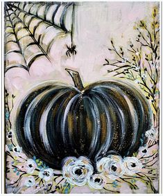 an acrylic painting of a black pumpkin with flowers and spider web on it