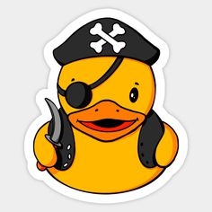 a rubber duck with a pirate hat and two knives in his hand, holding a knife