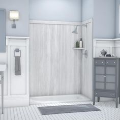 a bathroom with a sink, toilet and bathtub in white and gray colors on the walls