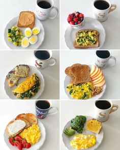 four different pictures of breakfast foods on plates and coffee mugs, with eggs, toast, fruit, and vegetables