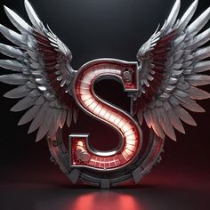 the letter s with wings is illuminated in red and white light on a black background