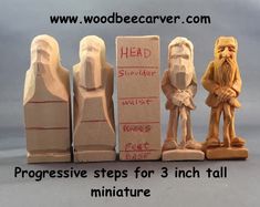 three wooden carvings with words on them that read progressive steps for 3 inch tall miniature statues