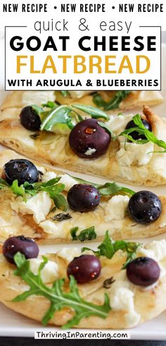 goat cheese flatbread with arugula and blueberries on a white platter