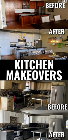 the before and after pictures of a kitchen remodel with stainless steel appliances, cabinets, counter tops, and flooring