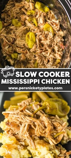 slow cooker mississippipii chicken with green peppers and pickles in the crock pot